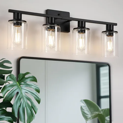 Vista 11 de Paquete de 2 Accesorios de Iluminación de Baño Negro Mate Sobre Espejo, Luz de Tocador de Baño de 2 Luces con Pantalla de Vidrio Transparente