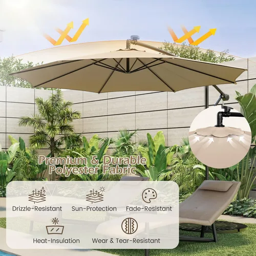 Vista 8 de Tangkula Sombrilla solar de 10 pies, sombrilla colgante inclinada en voladizo con 112 luces LED de lluvia de meteoros, con manivela, sombrilla