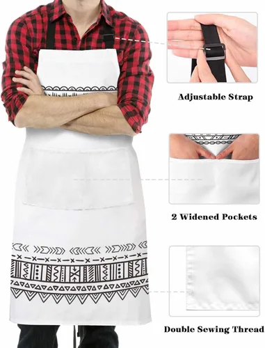 Vista 3 de Waterproof Apron with 2 Pockets, Boho Style Black White Geometric Pattern Adjustable Man and Women Kitchen Bib Apron for Baking Cooking Restaurant