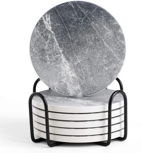 Vista 15 de LIFVER - Juego de 4 posavasos absorbentes, posavasos para bebidas con soporte, posavasos de cerámica estilo mármol para protección de mesa