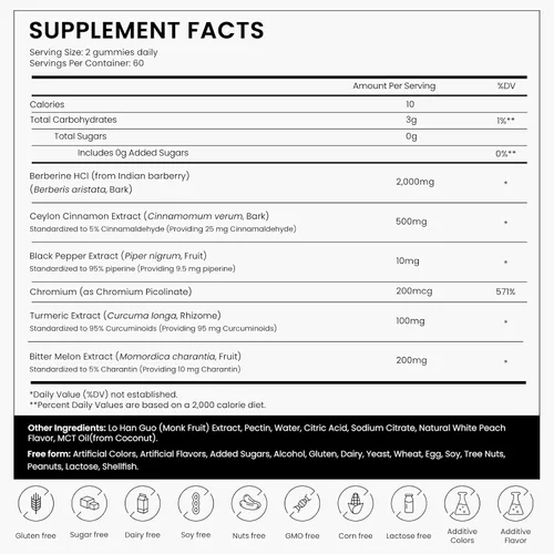 Vista 3 de Suplemento de gomitas de berberina HCl de 2000 mg, berberina de alta potencia con canela de Ceilán, cromo y melón amargo para mujeres y hombres