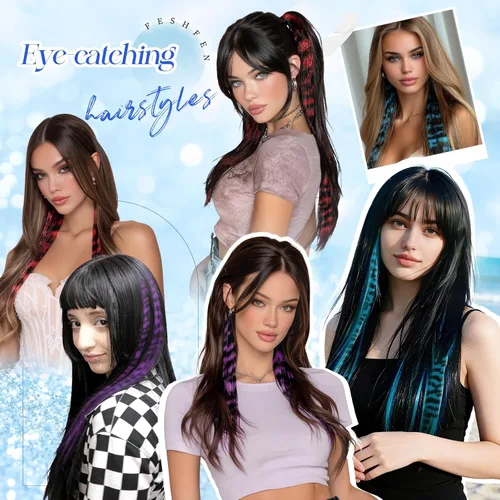 Vista 6 de FESHFEN Extensiones de cabello con clip con estampado de leopardo, 6 unidades, extensiones de cabello sintético largo y liso con clip, extensiones