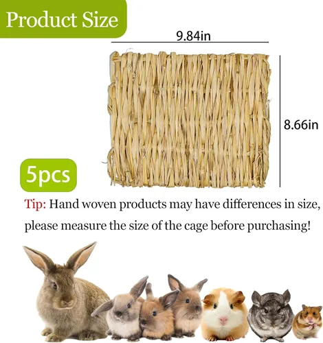 Vista 6 de kathson 5 PCS Bunny Grass Mat,Rabbit Natural Straw Woven Bed,Small Animal Hay Nest Sleeping Mat &Chew Toys for Hamster Bunny Chinchilla Guinea Pig