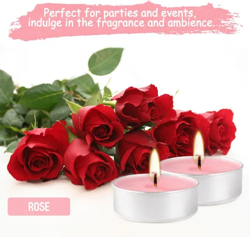 Vista 4 de Velas aromáticas de rosa rosa, paquete de 100 velas votivas gigantes a granel, juego de velas de té sin humo para el día de San Valentín
