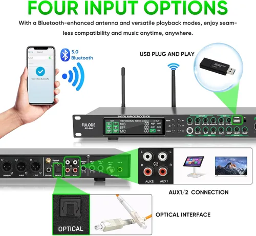 Vista 8 de AX-666 Mezclador Profesional de Karaoke Procesador KTV con Micrófonos Inalámbricos Duales, Sistema de Procesador de Efectos de Audio Vocal de Efecto