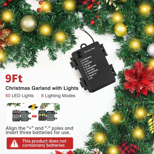 Vista 4 de Guirnalda de Navidad de 9 pies, guirnalda de Navidad preiluminada con 60 luces LED, guirnaldas para manto con piñas, flores, bayas, lazos, bolas