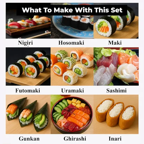 Vista 5 de Albino monkey Kit de fabricación de sushi para principiantes con bazuca, cuchillo de sashimi, 2 alfombrillas