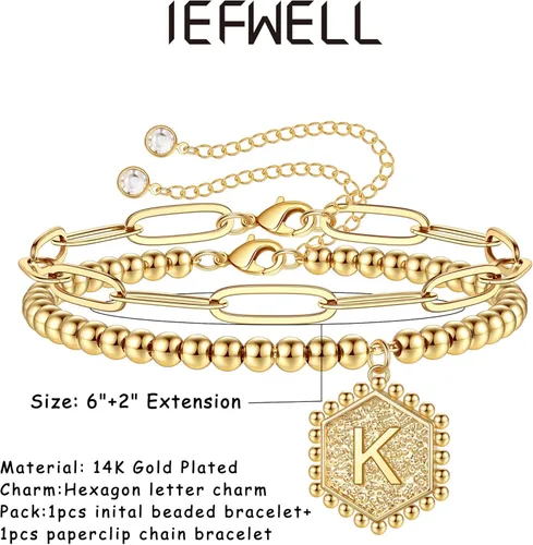 Vista 5 de IEFWELL Pulseras de oro con iniciales para mujer oro real de 14 quilates plata chapada en oro rosa pulseras de cuentas para mujeres adolescentes