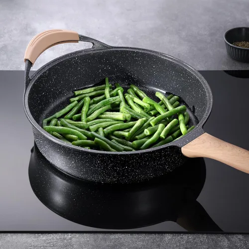 Vista 8 de Sartén antiadherente profunda con tapa, sartén con revestimiento de granito suizo de 4.5 cuartos de galón, sartén antiadherente saludable de 12