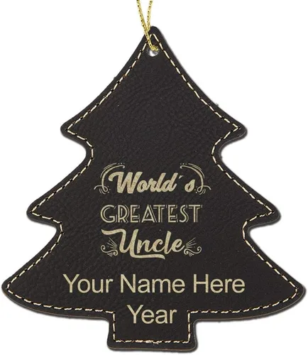 LaserGram Personalized Christmas Ornament, World's Greatest Uncle, Faux Leather, Custom Laser Engraved Gift Idea (Tree Shape, Black)