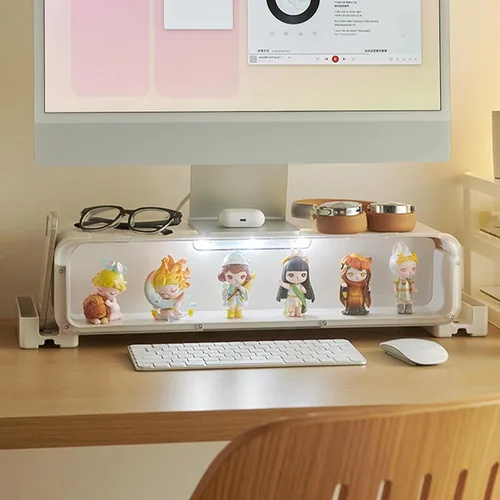 WMM Soporte elevador para monitor, soporte para monitor de computadora con cajón y minifiguras de pantalla, soporte de escritorio para computadora