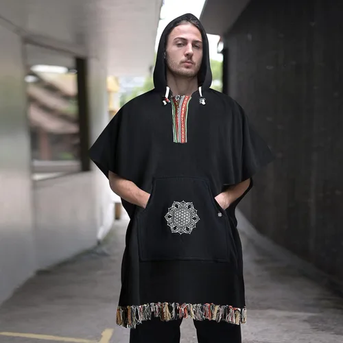 Vista 3 de virblatt - Poncho mexicano para hombre 100% algodón poncho de manta reversible poncho de lana hippie Baja con capucha pancho