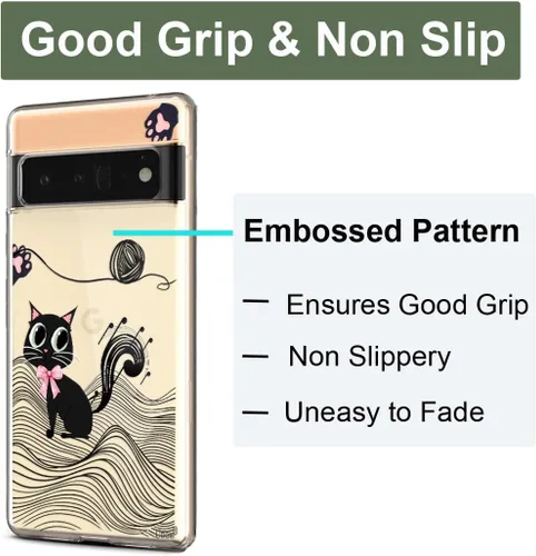 Vista 3 de Unov Case for Pixel 6 Pro Case Clear with Design Soft TPU Shock Absorption Slim Embossed Pattern Cherry Protective Back Cover (Black Cat)
