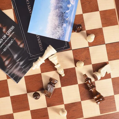 Vista 7 de BIVOMON Juego de ajedrez magnético de madera de 15 pulgadas, juego de mesa único de ajedrez con ranuras de almacenamiento de piezas de ajedrez
