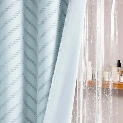Vista 151 de Dynamene - Cortina de ducha de tela bohemia con rayas con chebrón en relieve, juego de cortina angosta para baño, media cortina impermeable