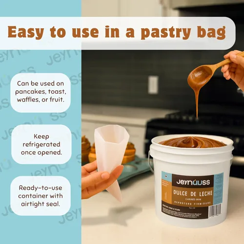 Vista 4 de Dulce de Leche Repostero (11 lb) Jeynuuss - Salsa de leche de caramelo resistente al calor y horneable - Sin lactosa - Sin gluten - Relleno