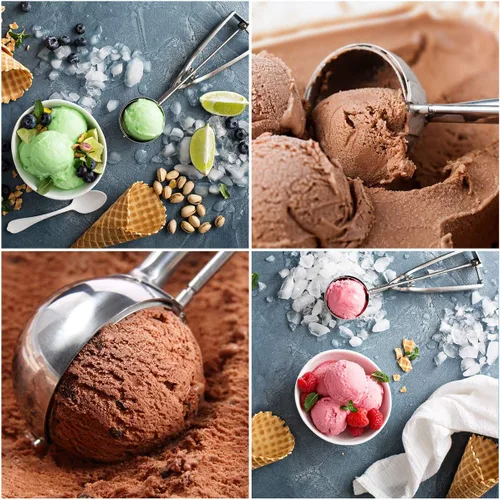 Vista 7 de Juego de 3 cucharas de helado con gatillo de acero inoxidable 18/8, cucharas de galletas para hornear albóndigas, cuchara de melón para frutas