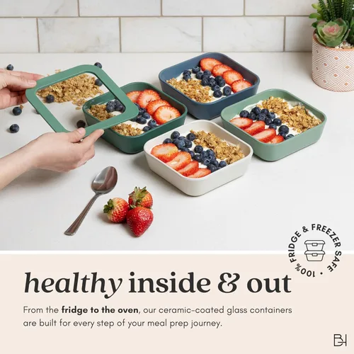 Vista 4 de Recipiente de almacenamiento de alimentos de vidrio con recubrimiento cerámico Sin PTFE, PFOA, PFAS y BPA Recipiente reutilizable no tóxico