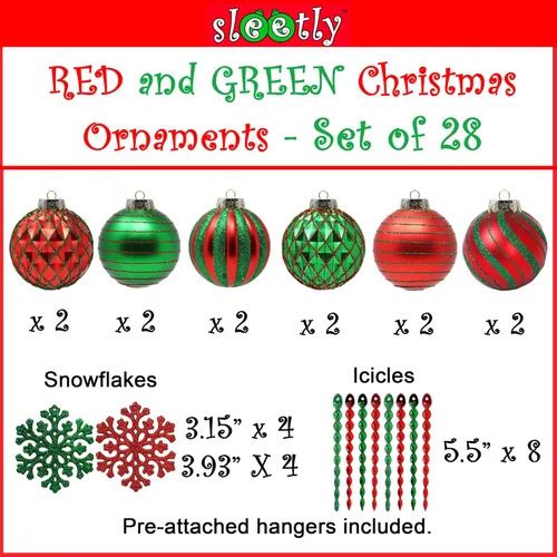 Vista 3 de SLEETLY Paquete de 28 adornos de bolas de Navidad rojas y verdes para decoraciones de árboles - Juego de adornos de bolas de plástico inastillables