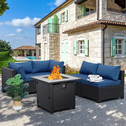 Vista 9 de WAROOM - Juego de muebles de patio de 5 piezas para exteriores, conjunto seccional de sofá de conversación de mimbre de polietileno tipo ratán