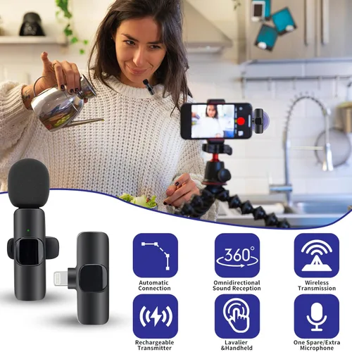 Vista 2 de Paquete de 2 micrófonos inalámbricos Lavalier para iPhone, iPad. Micrófono con clip, micrófonos inalámbricos de sonido cristalino para grabación
