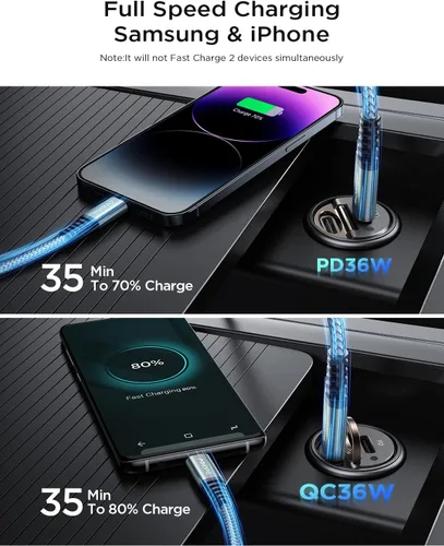 Vista 6 de AINOPE - Cargador de coche USB C PD36W y QC36W, cargador de coche de carga rápida de 2 puertos PD&QC3.0 encendedor de cigarrillos, cargador USB