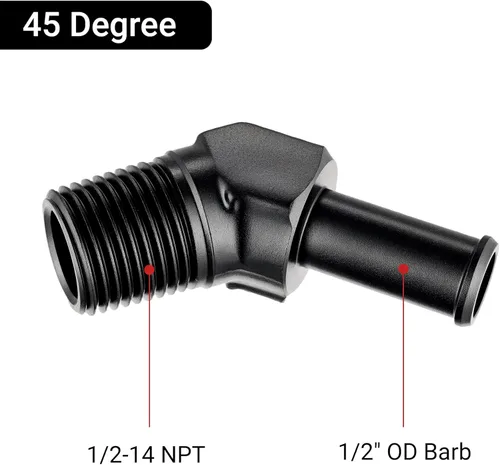 Vista 2 de EVIL ENERGY Adaptador de Conexión de Púa de Manguera 1/2" NPT Macho a 1/2" 45 Grados de Aluminio Negro