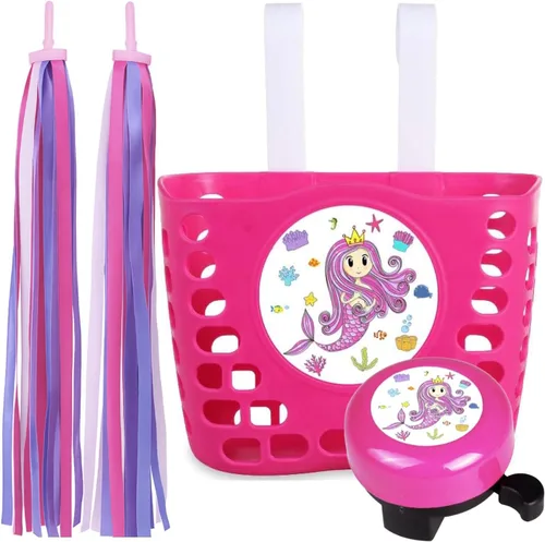 Vista 6 de Kid's Bike Basket Accessories Set, MINI-FACTORY Cute Pattern Bicycle Front Handlebar Basket Bell, Streamer for Kid Bike