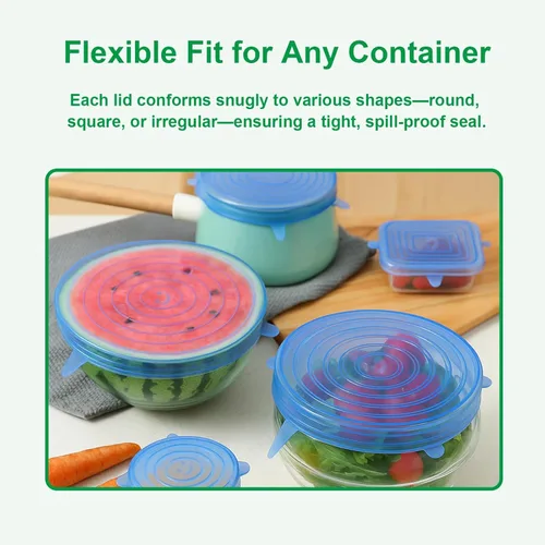 Vista 4 de Tapas elásticas de silicona, paquete de 12 fundas reutilizables para alimentos, silicona flexible para cuencos, recipientes, frutas, sello hermético