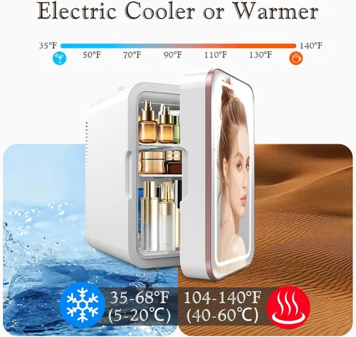 Vista 3 de YLFU Mini refrigerador para dormitorio, refrigerador para el cuidado de la piel de 6L con espejo LED para dormitorio y oficina, refrigerador