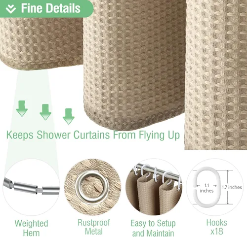 Vista 313 de Cortina de ducha de tela Dynamene verde oscuro - Cortinas de baño de tela de nido de abeja texturizadas resistentes, juego de cortinas de baño