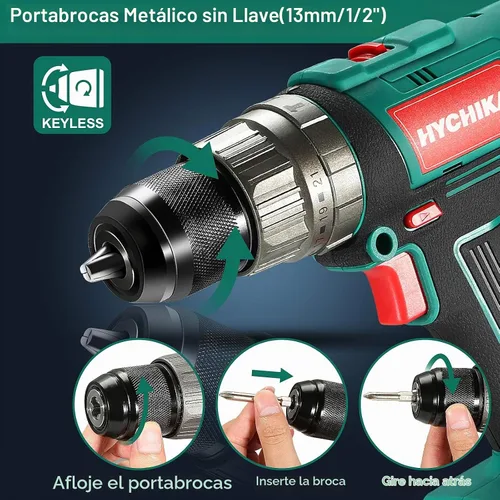 Vista 2 de HYCHIKA - Taladro de martillo inalámbrico de 18 V, taladro eléctrico de 400 In-lbs con mango auxiliar, mandril de metal de 1/2 pulgada, batería