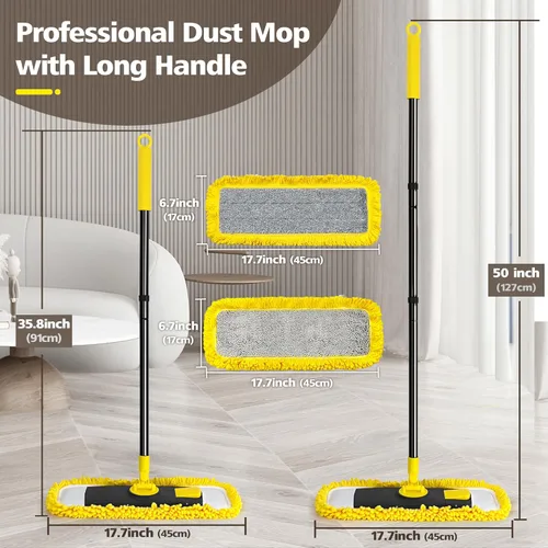 Vista 5 de Trapeador de polvo con almohadillas de microfibra y chenilla, mopa plana seca y húmeda para limpiar madera dura, azulejos, vinilo, cocina, baño