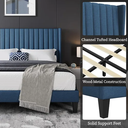 Vista 6 de Topeakmart Base de cama tapizada tamaño Queen con base de colchón/cabecera copetuda y soporte de listones de madera, no necesita somier