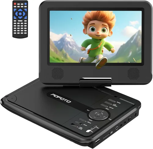 POFOTO Reproductor de DVD portátil de 9.5 pulgadas para niños y automóvil con pantalla giratoria de 7.5 pulgadas, tiempo de trabajo de 4 a 6 horas,