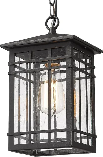 Iluminación colgante para exteriores, farol colgante exterior, porche de granja, luces colgantes con vidrio sembrado en acabado negro, lámpara