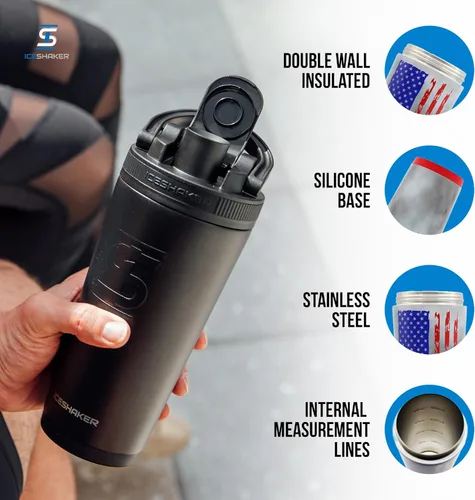 Ice Shaker Botella agitadora aislada de acero inoxidable, 26 onzas, bandera estadounidense, fría durante más de 30 horas, taza aislada con agitador