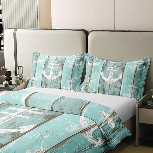 Vista 4 de Juego de ropa de cama de 100 % algodón con ancla náutica, funda de edredón de estilo rústico de granja, decoración de cabaña, funda de edredón