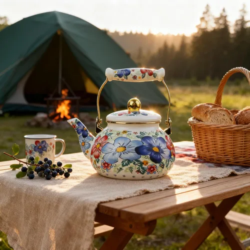 Vista 5 de Hervidor de té esmaltado de 2.5 L, tetera bohemia con flores azules, elegante hervidor de agua caliente esmaltado de acero retro, diseño clásico