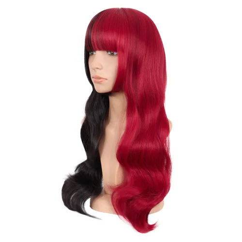 Vista 3 de MapofBeauty 24 pulgadas23.6 in Multicolor Plano Flequillo Largo Rizado Moda Cosplay Fiesta Peluca (Medio Rojo Medio Negro)