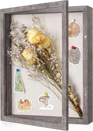 Vista 18 de Paquete de 2 marcos de caja de sombra de 8 x 10 pulgadas con parte trasera de lino, vitrina rústica resistente de memoria de flores, imágenes, Gris
