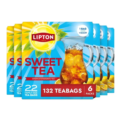 Lipton Bolsas de té helado negro de tamaño familiar, té dulce del sur de 22 unidades (paquete de 6)
