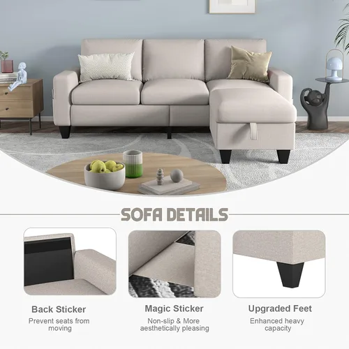 Vista 6 de Sofá seccional convertible de 78 pulgadas: Sofá en forma de L beige de 3 plazas con otomana de almacenamiento y bolsillos, moderno sofá tapizado