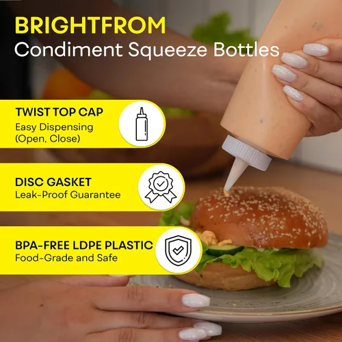 Vista 2 de BRIGHTFROM Botellas exprimibles de condimentos de 16 onzas de cuello ancho, botellas vacías para chorros – Tapa superior extraíble, a prueba