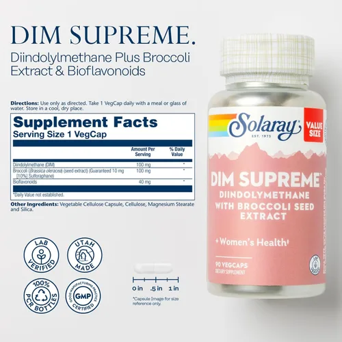 Vista 2 de SOLARAY DIM Supreme - Suplemento DIM de 100 mg - Complejo DIM de diindolilmetano con extracto de semilla de brócoli y bioflavonoides - Apoyo a