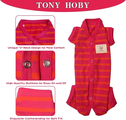 Vista 2 de TONY HOBY Pijamas para Perros Hembra/Macho, Mono para Perros de 4 Patas con Rayas, Algodón Suave para un Sueño Cómodo (Rosa Rojo y Naranja, Chico, M)