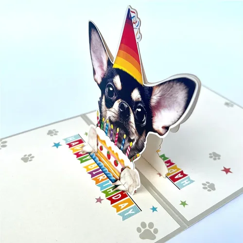 Vista 7 de DongNaiWin Tarjetas desplegables divertidas de cumpleaños 3D de Chihuahua negro, tarjetas emergentes de cumpleaños 3D de Chihuahua, tarjetas