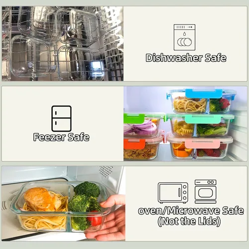 Vista 4 de Paquete de 5 recipientes de vidrio de 30 onzas para preparación de comidas, 2 compartimentos de almacenamiento de alimentos con tapas, cajas Bento