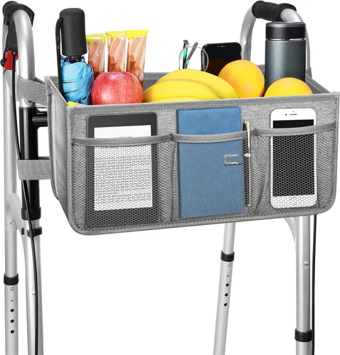 Vista 8 de Dotday Cesta de Andador Mejorada con Portavasos, Bolsa de Andador Plegable con Gran Capacidad y Nunca se Vuelca - No Apta para Rollator