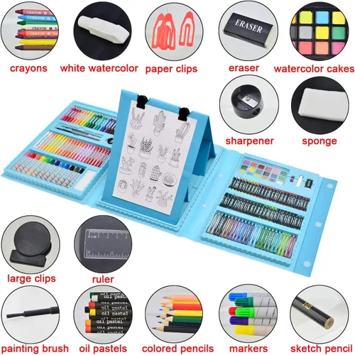Vista 2 de Sunnyglade Juego de Arte de Caballete Tríptico de Doble Cara de 185 Piezas, Caja de Arte de Dibujo con Pasteles al Óleo, Crayones, Lápices